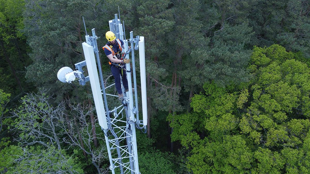 一位员工站在电信桅杆的顶端，下面是绿色的树梢